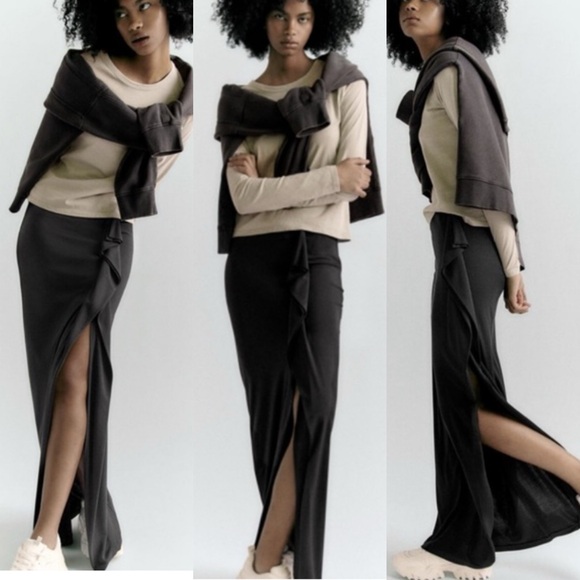🖤 ZARA BLACK SIDE RUFFLE SLIT HIGH WAIST MAXI SKIRT! - Picture 6 of 15